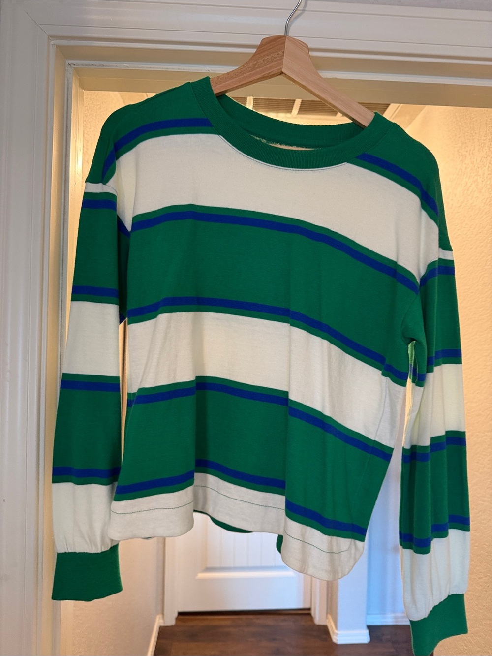 Lands’ End Green & White Striped Crewneck Sweater